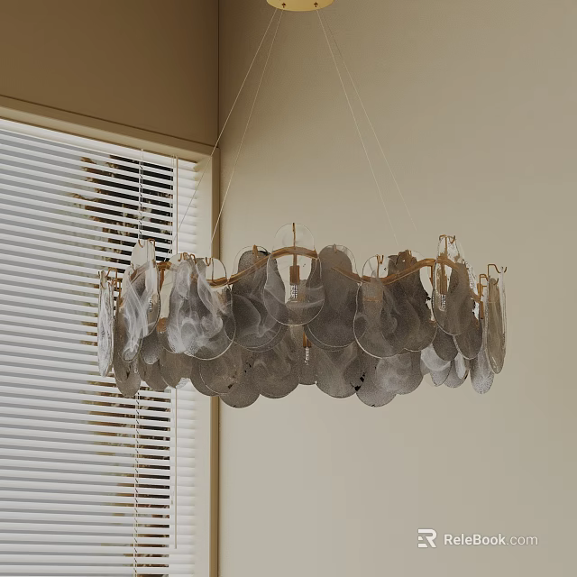 Modern Artistic Glass Chandelier With Transparent Sheet Like Design Hanging In Interior With Window Blinds 3d model 
