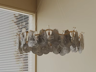 Modern Artistic Glass Chandelier With Transparent Sheet Like Design Hanging In Interior With Window Blinds 3d model