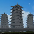 Traditional Chinese Pagodas With Three Tower Structures By Waterfront And Lush Greenery Under Blue Sky