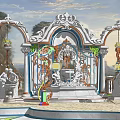 Ornate Feature Wall With Intricate Carvings Arches Green Plants And Sculptures