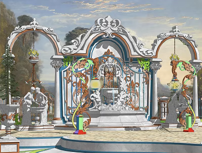 Ornate Feature Wall With Intricate Carvings Arches Green Plants And Sculptures 3d model