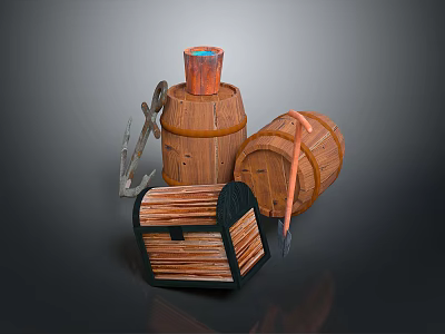 Rustic Wooden Barrels With Lidded Treasure Chest And Metal Anchor Decor 3d model