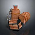 Rustic Wooden Barrels With Lidded Treasure Chest And Metal Anchor Decor