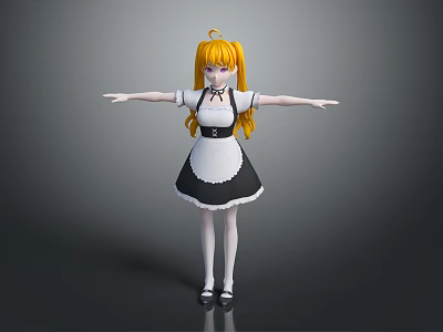 Anime Game Movie Character With Blonde Long Hair Black White Maid Outfit And Arms Outstretched 3d model