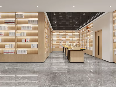 Modern Book Art Interior With Wooden Shelves And Display Tables 3d model