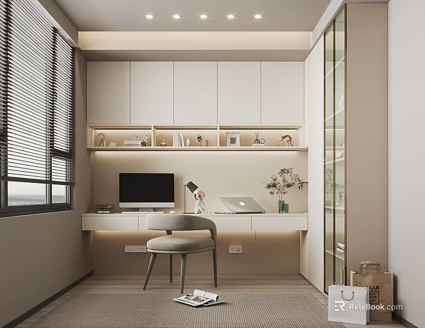 Modern Home Office Interior With White Cabinets Computer Laptop Table Lamp And Decorations 3d model 