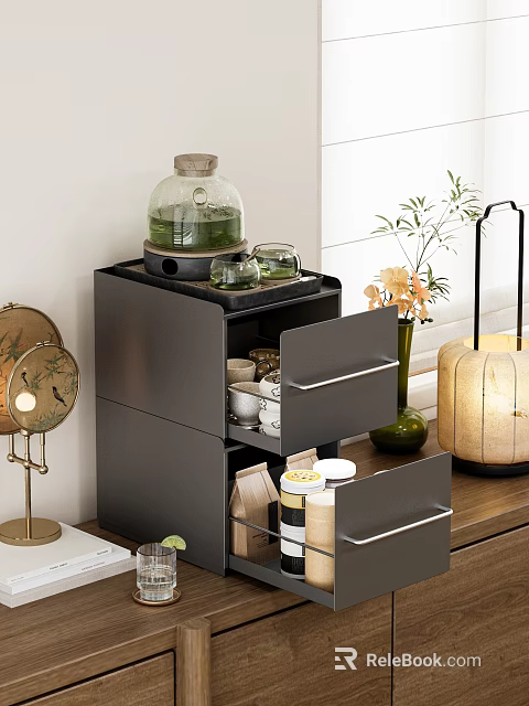Modern Black Cabinet Interior With Open Drawers Displaying Tea Set And Accessories 3d model 
