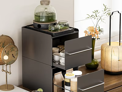 Modern Black Cabinet Interior With Open Drawers Displaying Tea Set And Accessories 3d model