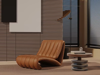 Modern Brown Leather Accent Chair Featuring Striped Wall Small Round Table and Floor Lamp 3d model