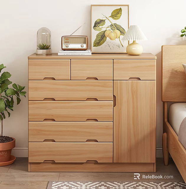 Natural Wooden Dresser with Potted Plant Table Lamp and Decorative Painting in Bedroom 3d model 