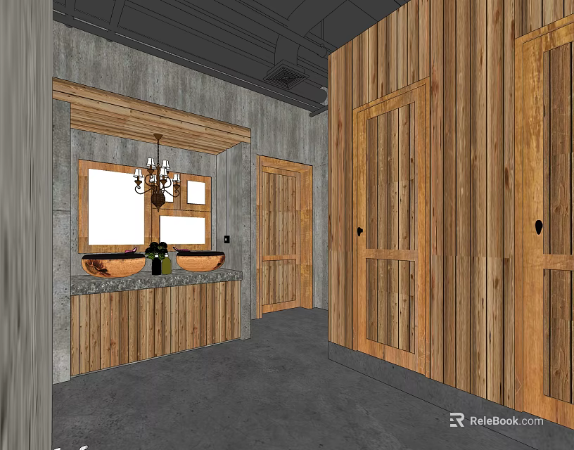 Public Restroom Interior With Wooden Walls Washbasins Chandelier And Gray Floor 3d model 