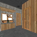 Public Restroom Interior With Wooden Walls Washbasins Chandelier And Gray Floor