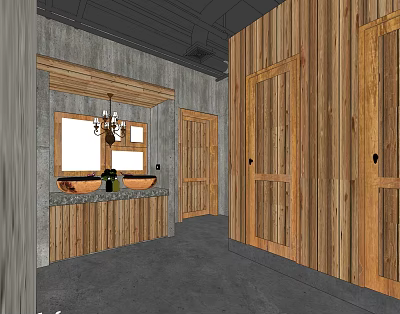 Public Restroom Interior With Wooden Walls Washbasins Chandelier And Gray Floor 3d model