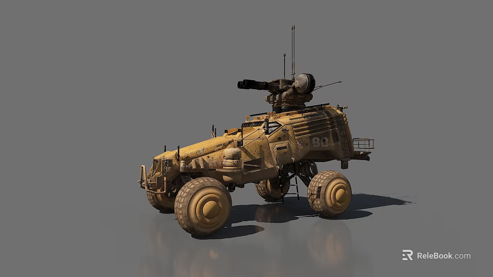 Armored Utility Vehicle With Large Wheels Mounted Weapon Antenna Camouflage Design And Number 80 3d model 