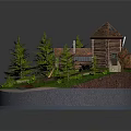 Rustic Wooden House With Tile Roof Surrounded By Pine Trees And Grass Pathway