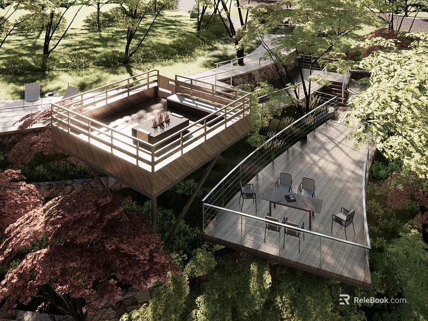 Scenic Outdoor Wooden Deck With Fire Pit Seating And Garden Surroundings 3d model 