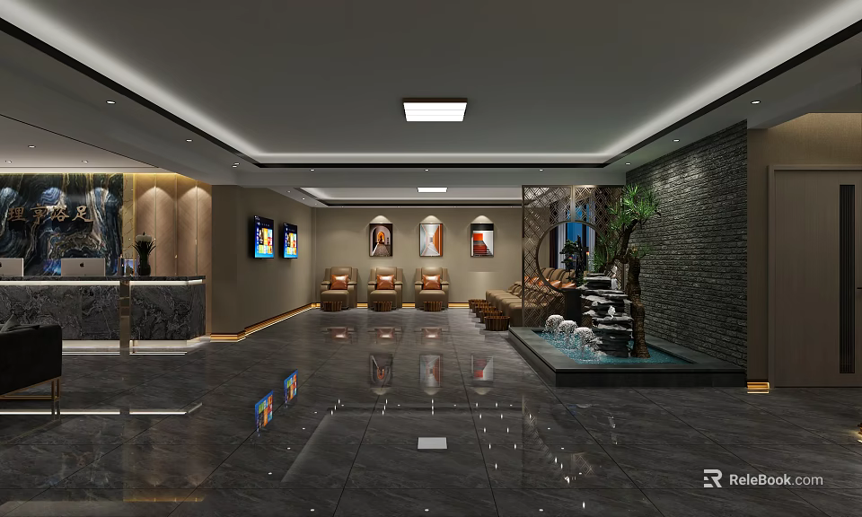 Spa Sauna Modern Interior With Stone Wall Water Feature And Relaxation Seating 3d model 