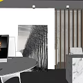 Modern Public Office Space With Staircase Green Plants Marble Counter Table And Pendant Lights
