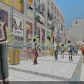 Vibrant Commercial Street With Shops Tall Buildings Billboards Benches Green Plants And Pedestrians