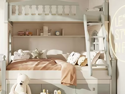 Light Colored Bunk Bed With Soft Pillows Blanket Stuffed Toy Neon Sign And Storage Shelves 3d model