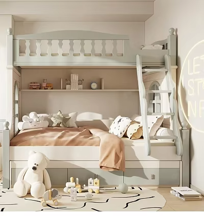Light Colored Bunk Bed With Soft Pillows Blanket Stuffed Toy Neon Sign And Storage Shelves 3d model
