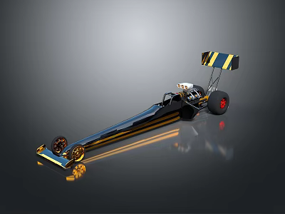 Streamlined Black and Yellow Striped Dragster with Red Wheels and Rear Wing 3d model