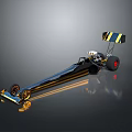 Streamlined Black and Yellow Striped Dragster with Red Wheels and Rear Wing