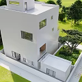 Modern Detached Villa With White Exterior Large Windows Balconies Surrounded By Green Trees And Lawn