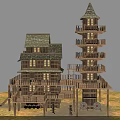 Multi Story Wooden Building With Tower Balconies And Gabled Roof On Grassland