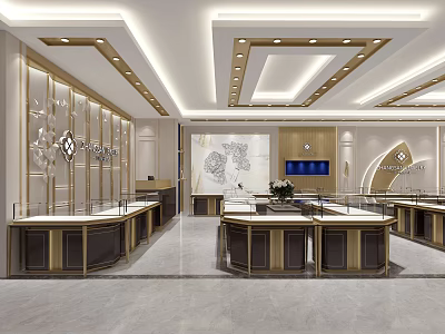 Elegant Modern Jewelry Store Interior With Glass Display Cases Golden Counters And Chandelier Lighting 3d model