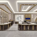 Elegant Modern Jewelry Store Interior With Glass Display Cases Golden Counters And Chandelier Lighting