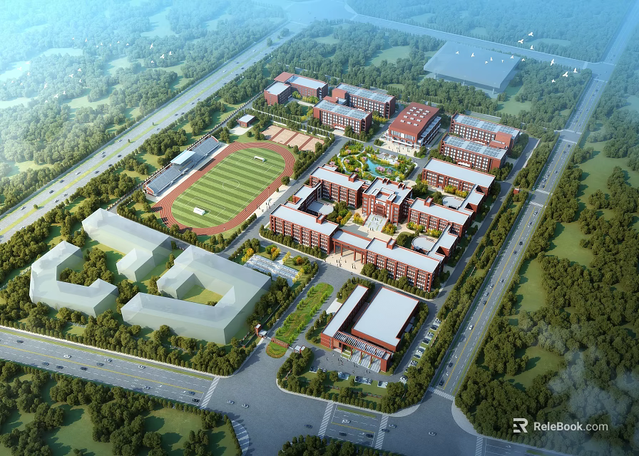 Modern School Campus Buildings With Sports Field Green Spaces And Surrounding Trees 3d model 