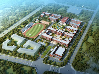 Modern School Campus Buildings With Sports Field Green Spaces And Surrounding Trees 3d model