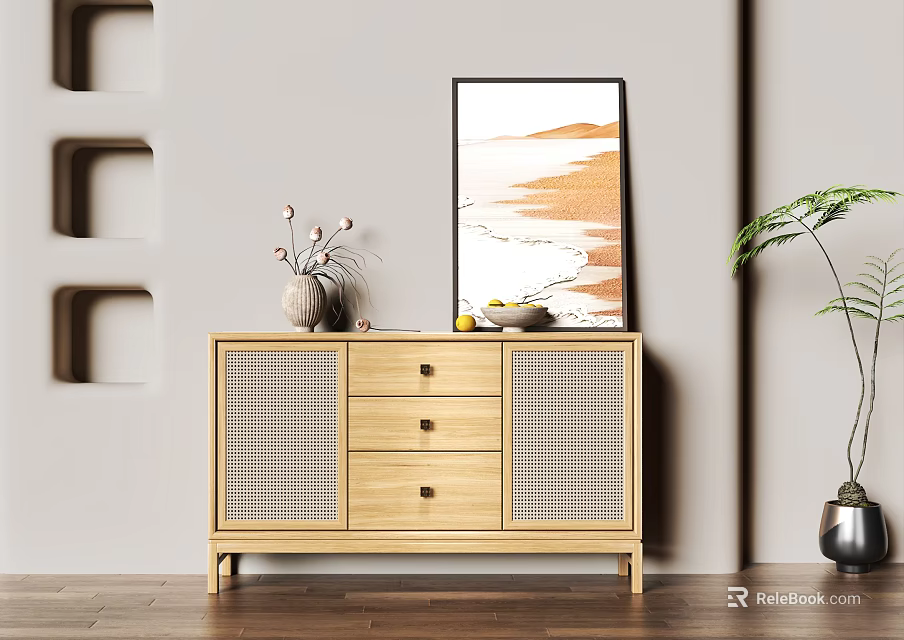 Modern Wooden Sideboard Cabinet With Grid Panel Drawers Vase Fruit Bowl And Wall Art 3d model 