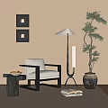 White Upholstered Accent Chair With Black Frame Side Table Floor Lamp And Potted Tree