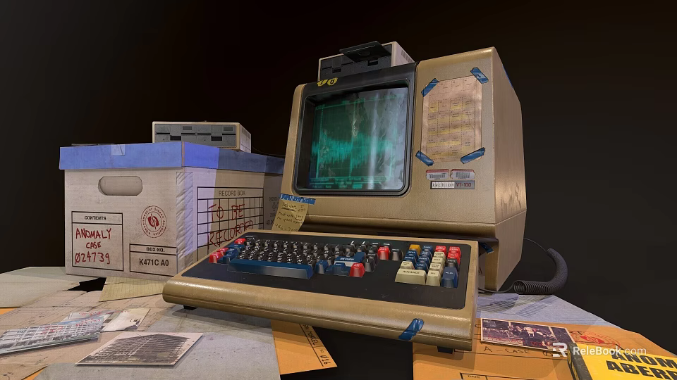 Vintage Retro Computer Desktop With Classic Keyboard Screen And Surrounding Old Boxes 3d model