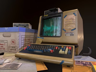 Vintage Retro Computer Desktop With Classic Keyboard Screen And Surrounding Old Boxes 3d model
