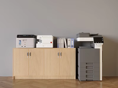 Office Appliances Including Printer Copier And Files On Wooden Cabinet Next To Standalone Unit 3d model