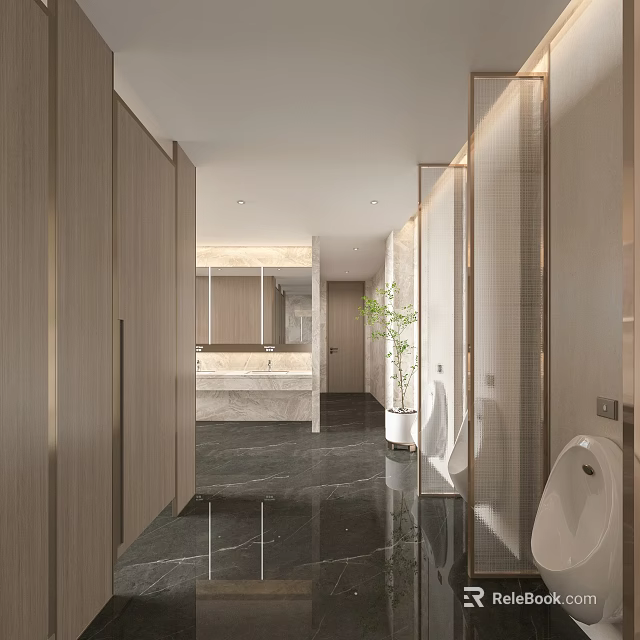 Modern Public Restroom With Wooden Partitions Marble Flooring Washbasins Urinal And Green Plant 3d model 