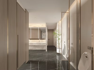 Modern Public Restroom With Wooden Partitions Marble Flooring Washbasins Urinal And Green Plant 3d model