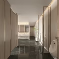 Modern Public Restroom With Wooden Partitions Marble Flooring Washbasins Urinal And Green Plant