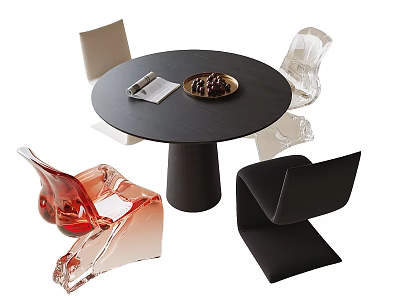 Modern Round Black Table and Chair Set with Transparent Colorful Chairs and Magazine on Tray 3d model