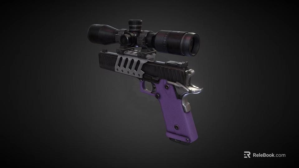 Tactical Pistol With Purple Grip Black Frame Mounted Scope And Hollowed Design 3d model 