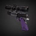 Tactical Pistol With Purple Grip Black Frame Mounted Scope And Hollowed Design