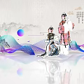 Traditional Chinese Opera Characters in Ink Painting Landscape with Modern Lines