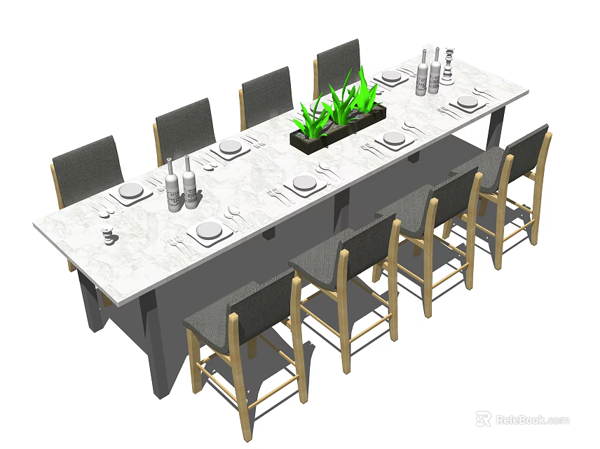 Elegant Dining Table Set With White Tabletop Gray Chairs Tableware And Green Plant 3d model