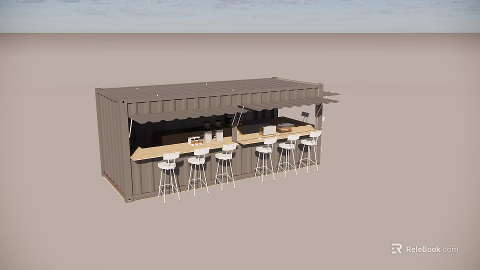 Container Building Outdoor Bar Design Featuring Awning Counter And White Stools 3d model