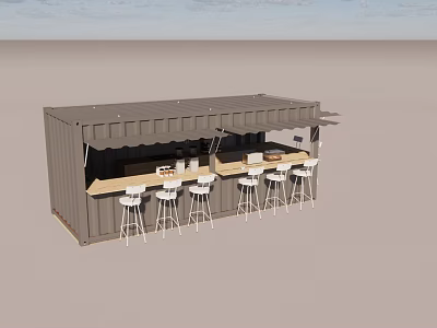 Container Building Outdoor Bar Design Featuring Awning Counter And White Stools 3d model