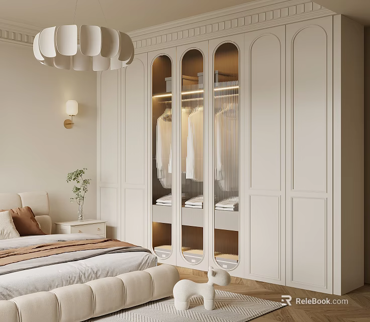 Elegant White Wardrobe With Glass Doors And Hanging Rods In Bedroom Interior 3d model 