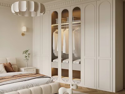 Elegant White Wardrobe With Glass Doors And Hanging Rods In Bedroom Interior 3d model
